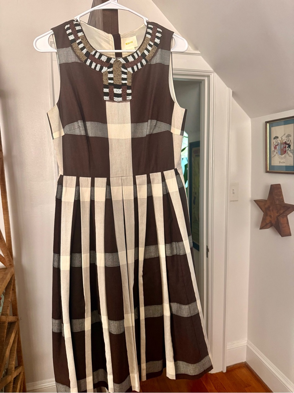Maeve Brown and Cream Plaid Sleeveless Dress with Beaded Neckline